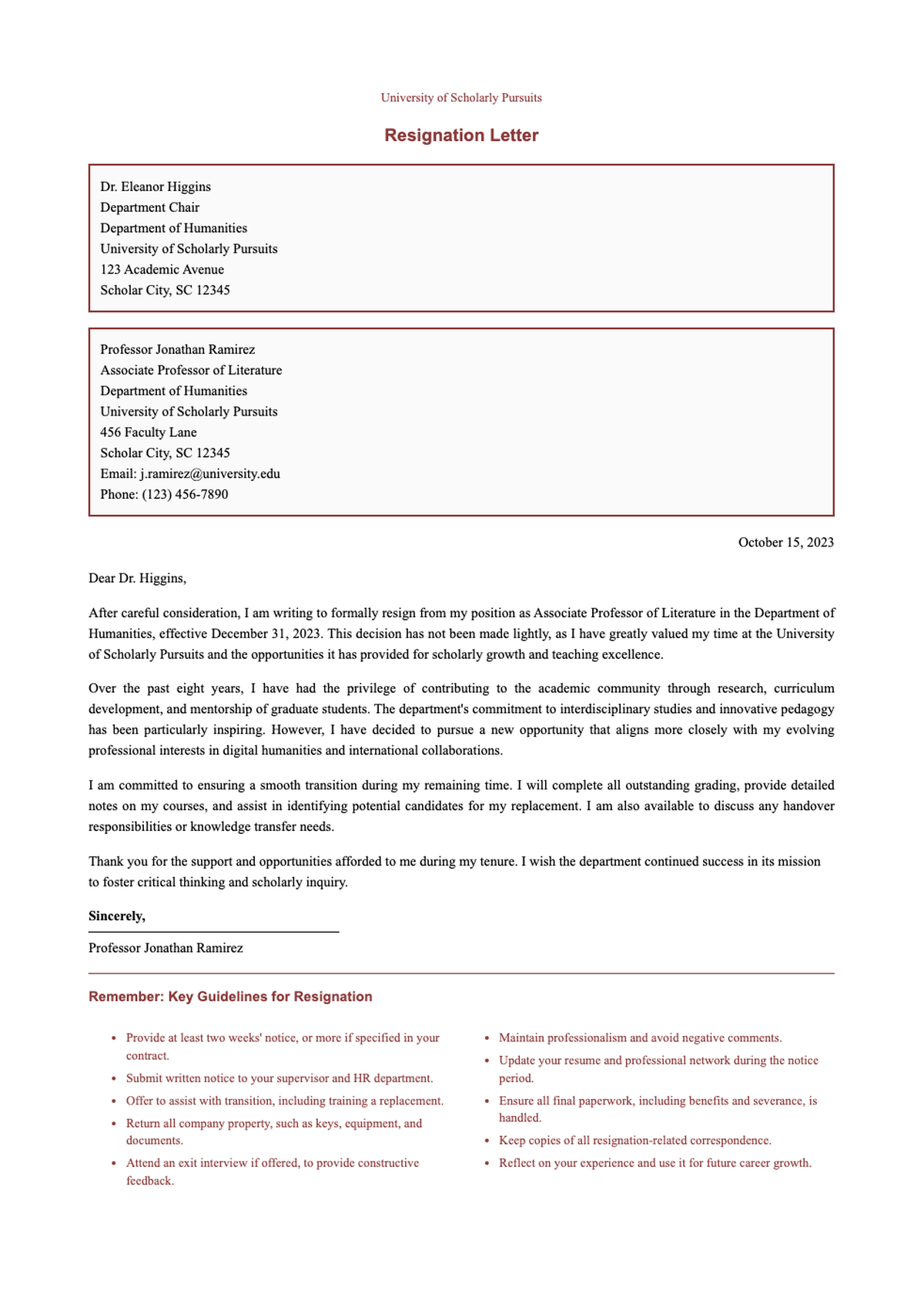 Formal resignation letter sample with university branding and submission guidelines_variant_2